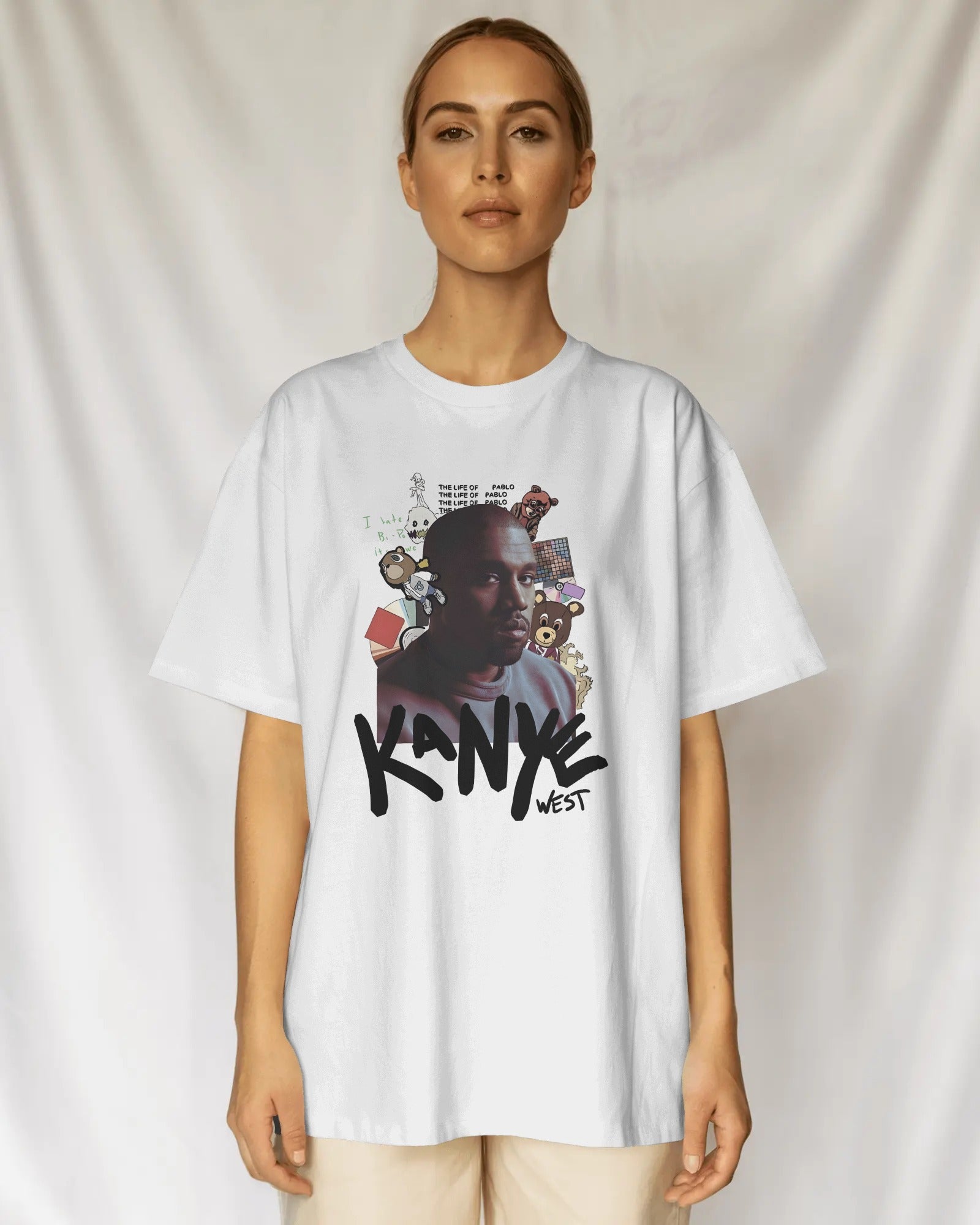 Streetwear oversized white t-shirt with Kanye West portrait graphic