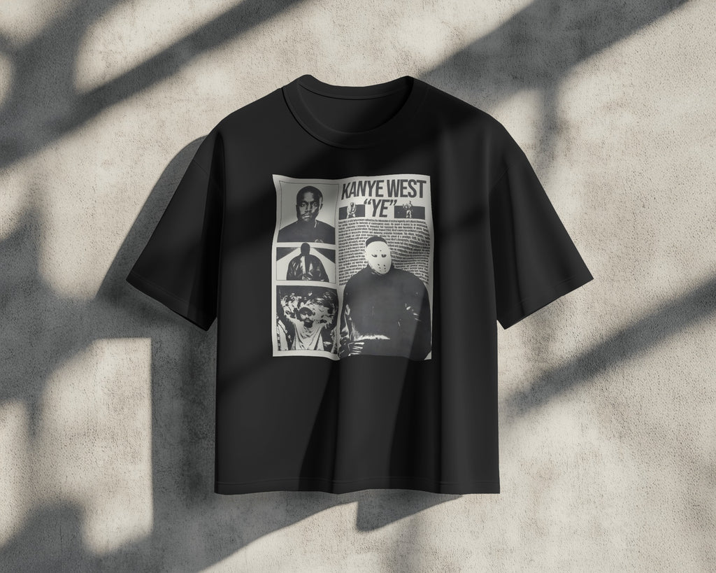 Oversized black graphic tee featuring Kanye West YE street design from Nitorious Atelier 