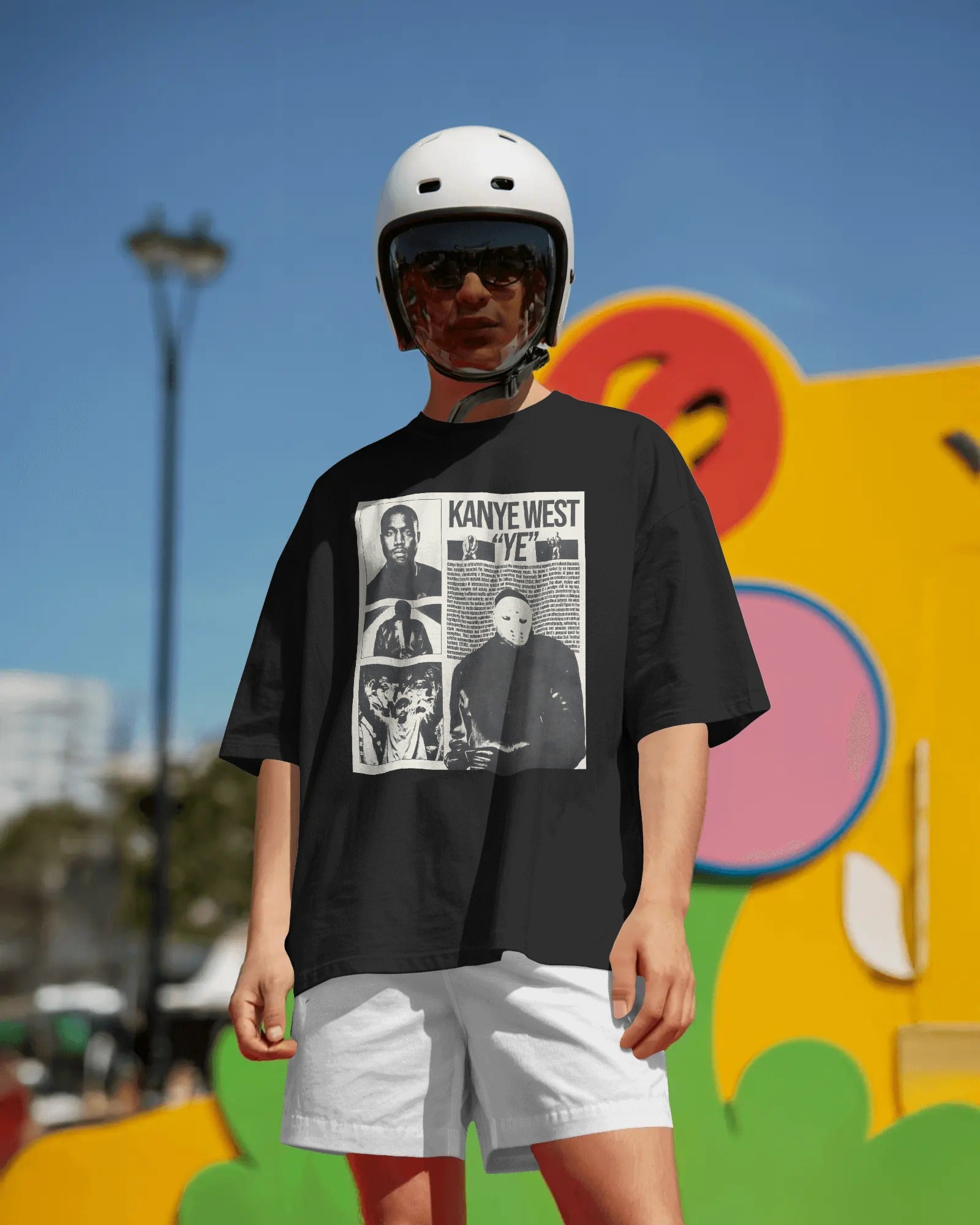 Unisex oversized black t-shirt with Kanye West YE street edition print from Nitorious Atelier 