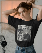 Woman wearing a black t-shirt with Kanye West 'Ye graphic design. Kanye West Ye Live Concert Tour 