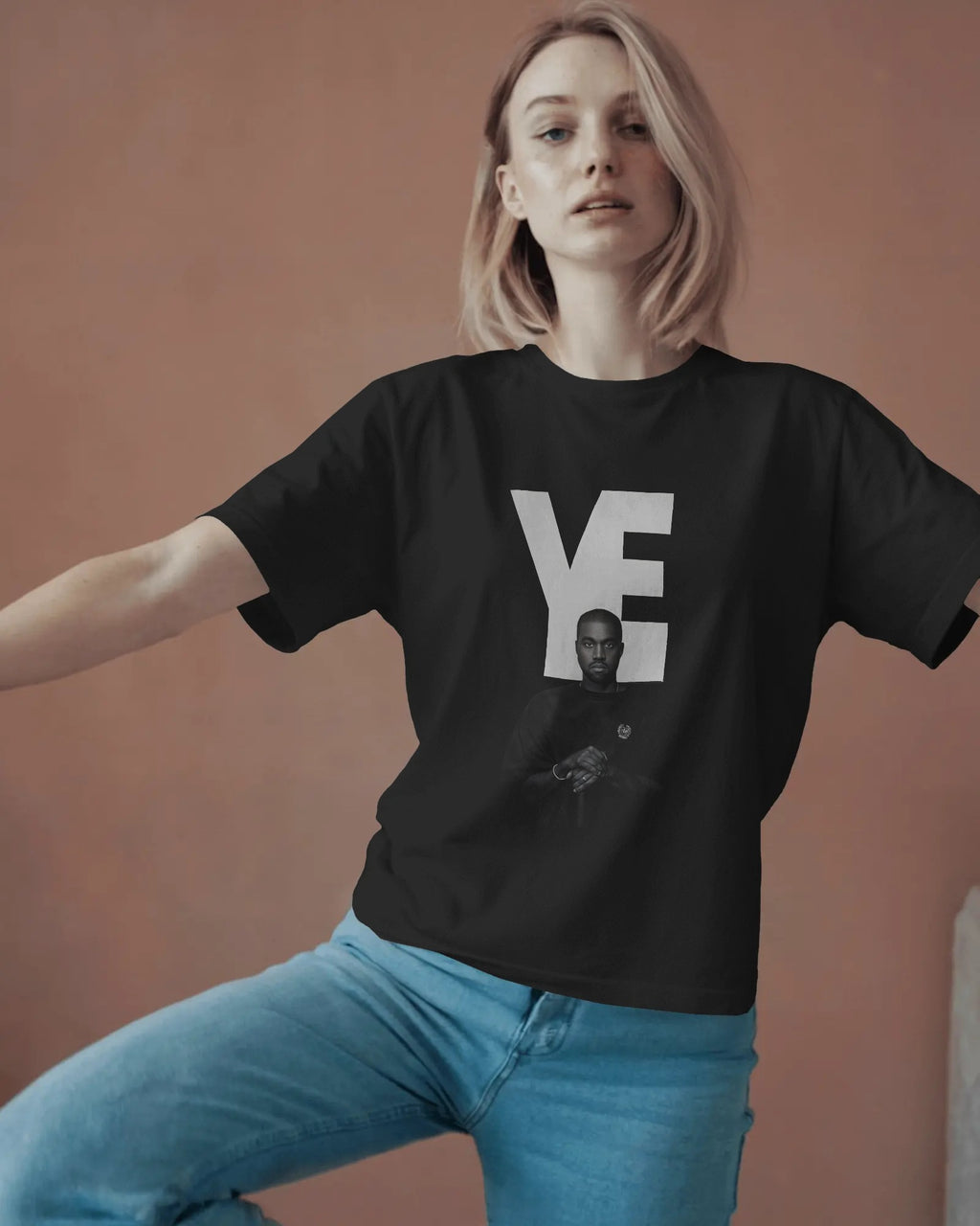 Kanye West YE inspired oversized black t-shirt from Nitorious Atelier with bold typography and portrait graphic in premium cotton