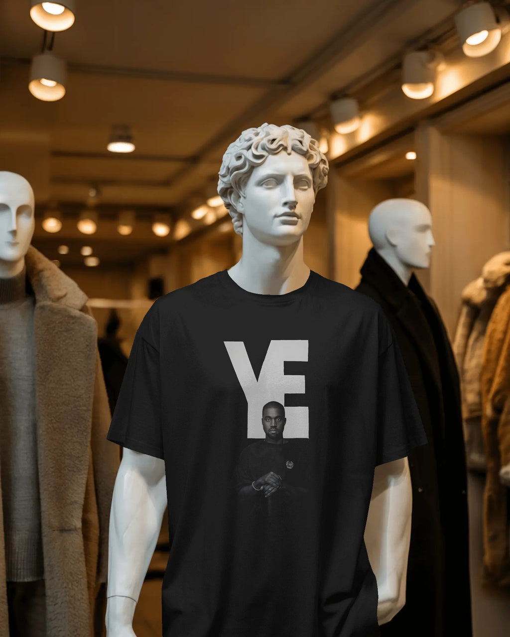 Kanye West YE inspired oversized black t-shirt from Nitorious Atelier with bold typography and portrait graphic in premium cotton