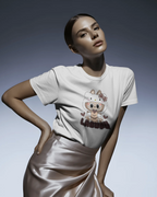 Person wearing a white Labubu t-shirt with a cartoon character and text on a gradient background