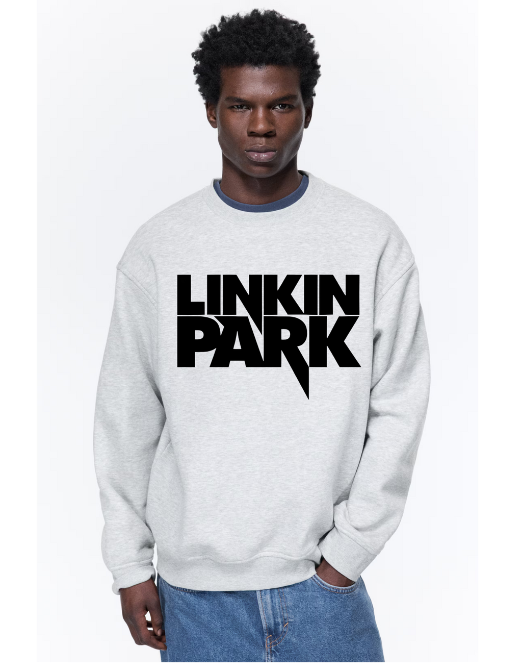 Linkin Park Logo Oversized Grey Marl Sweatshirt with bold black LP logo worn by male model.