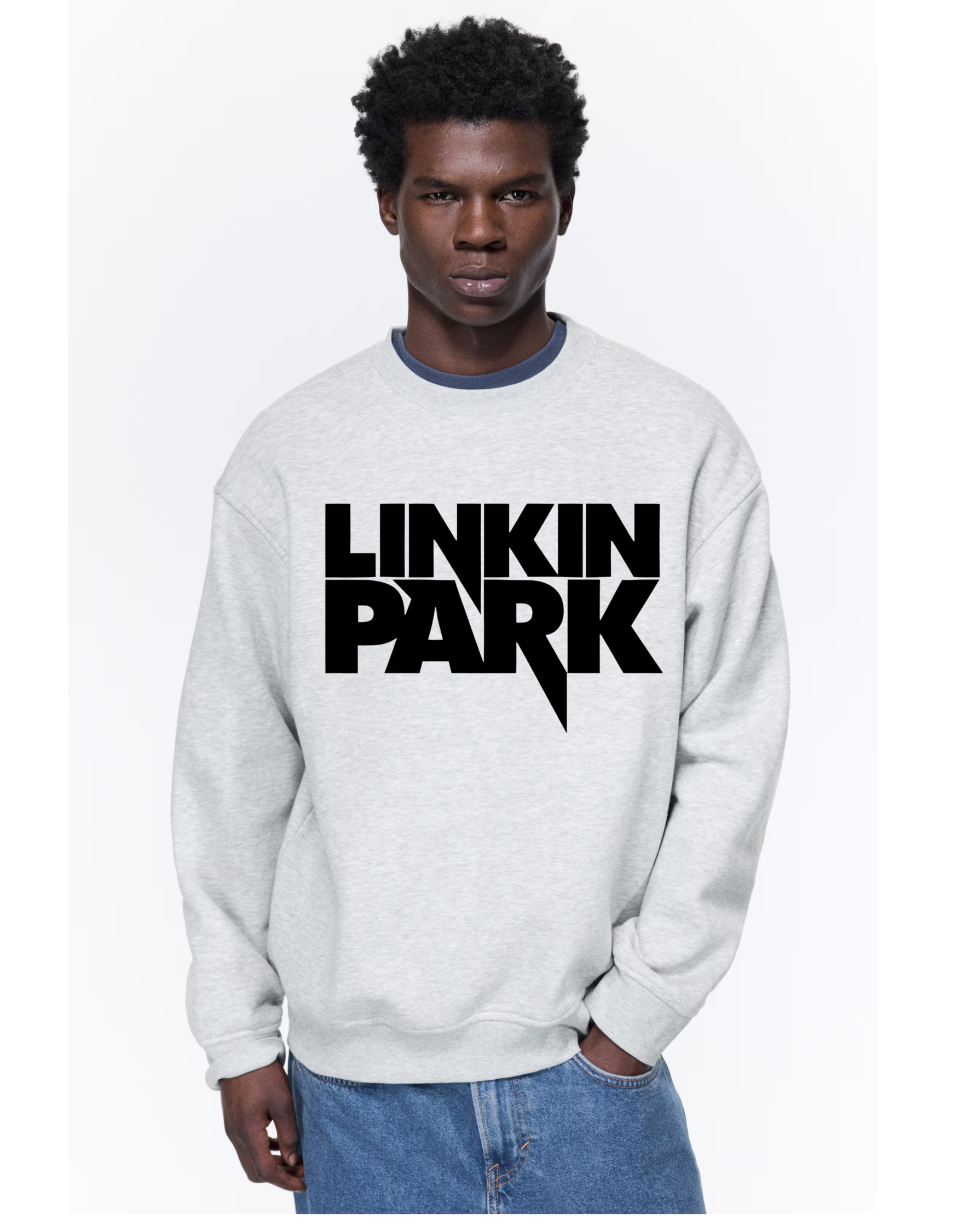 Linkin Park Logo Oversized Grey Marl Sweatshirt with bold black LP logo worn by male model.