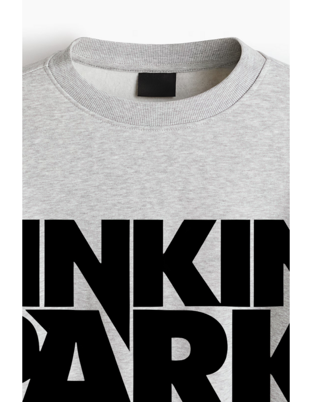 Linkin Park Logo Oversized Grey Marl Sweatshirt with bold black LP logo worn by male model.