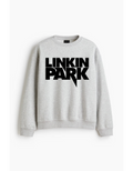 Linkin Park Logo Oversized Grey Marl Sweatshirt with bold black LP logo worn by male model.