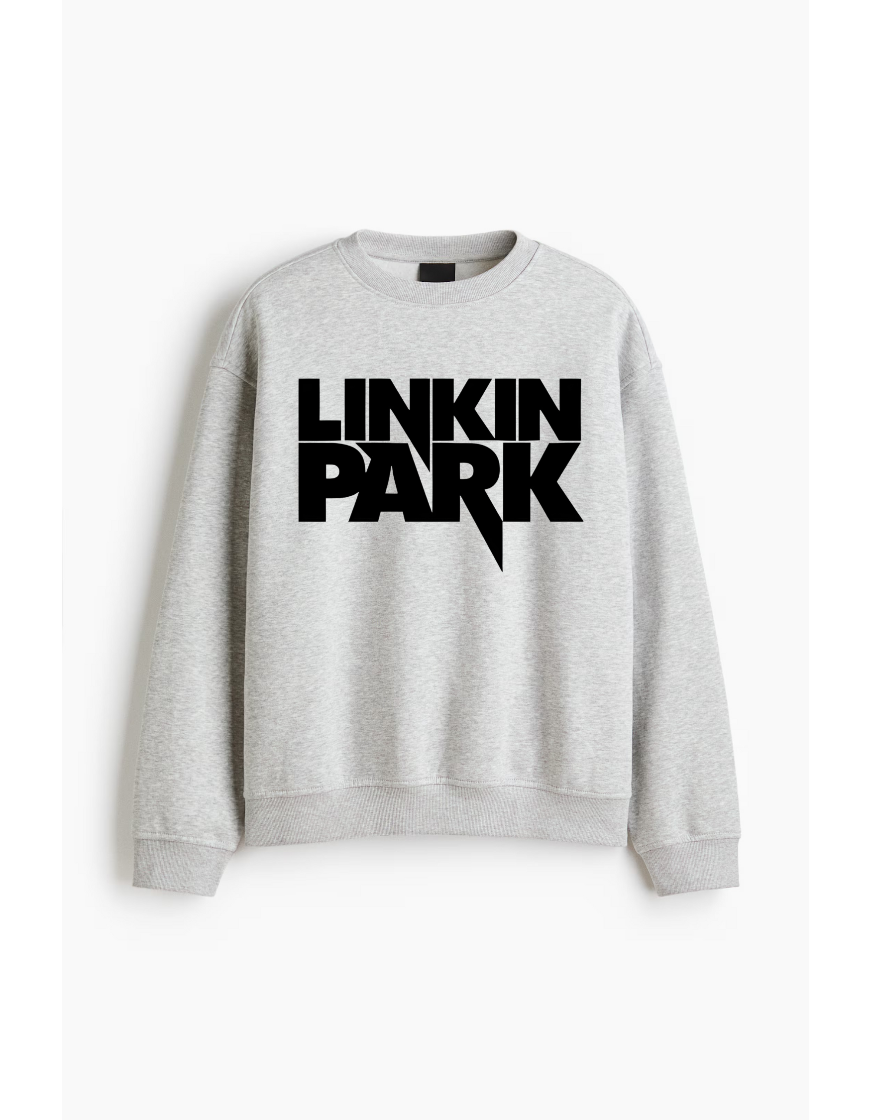 Linkin Park Logo Oversized Grey Marl Sweatshirt with bold black LP logo worn by male model.