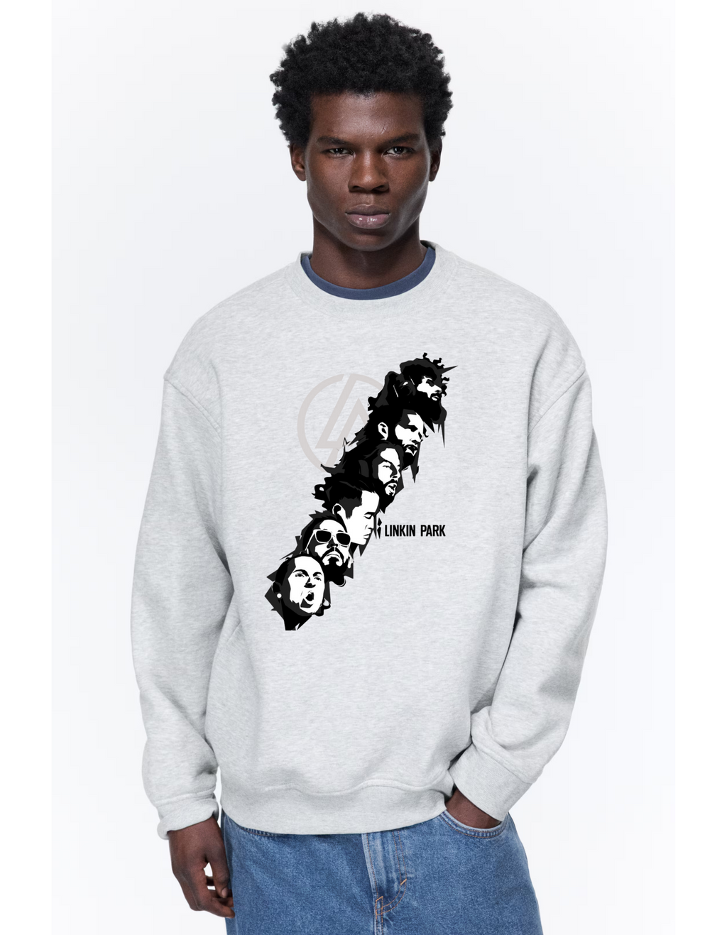 LP Faces Grey Marl Luxe Sweatshirt with monochrome portrait graphic on premium fleece fabric.