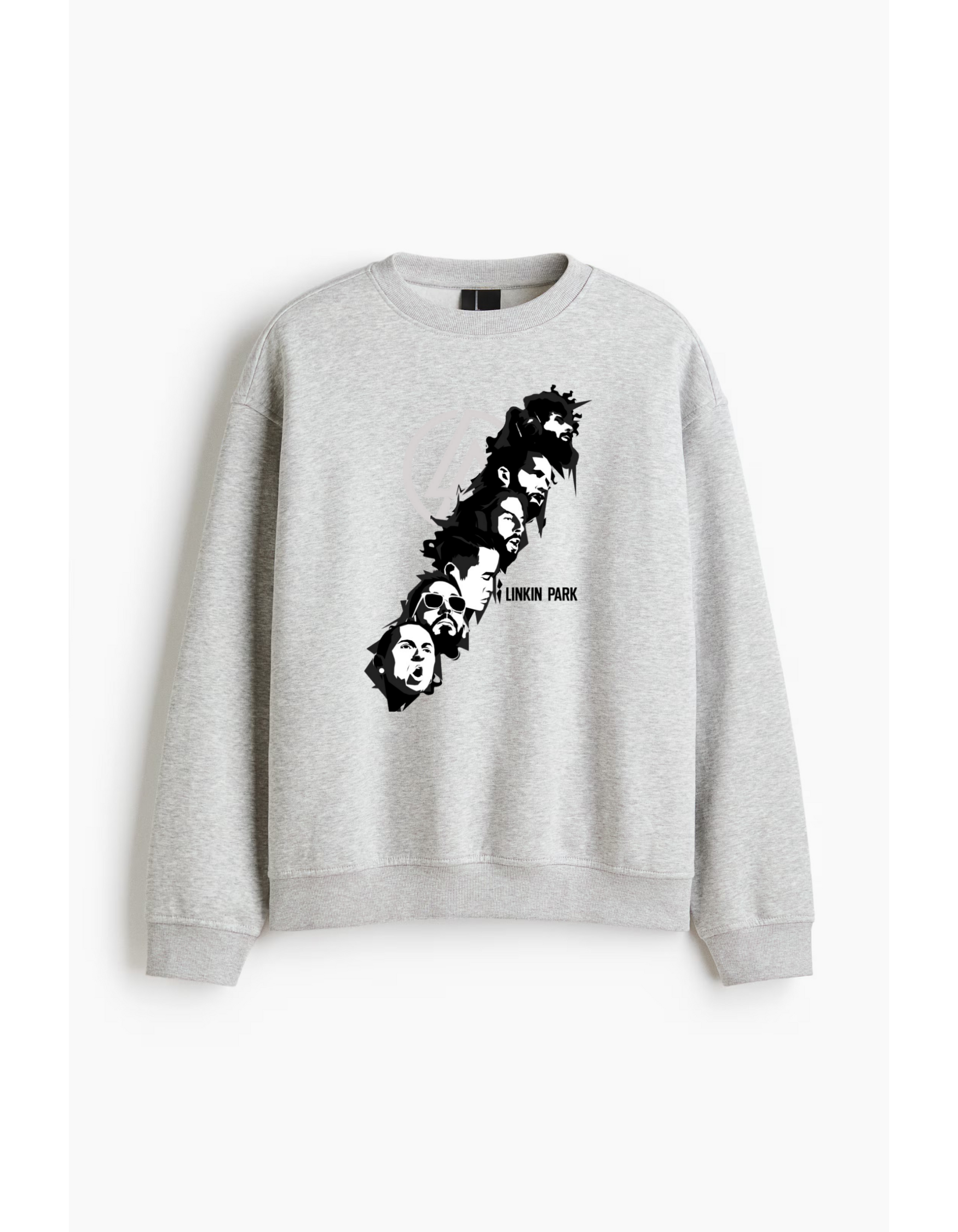 LP Faces Grey Marl Luxe Sweatshirt with monochrome portrait graphic on premium fleece fabric.