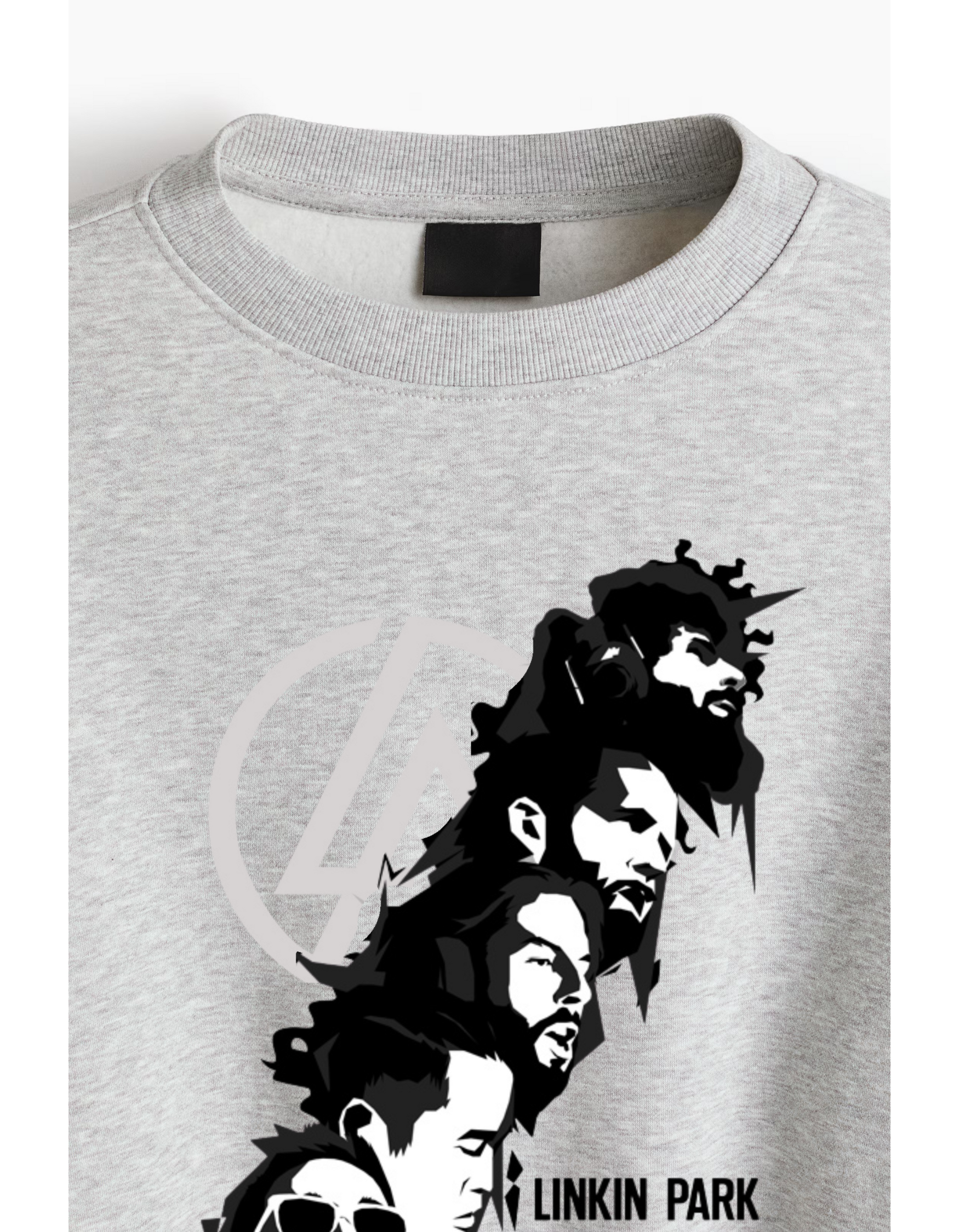 LP Faces Grey Marl Luxe Sweatshirt with monochrome portrait graphic on premium fleece fabric.