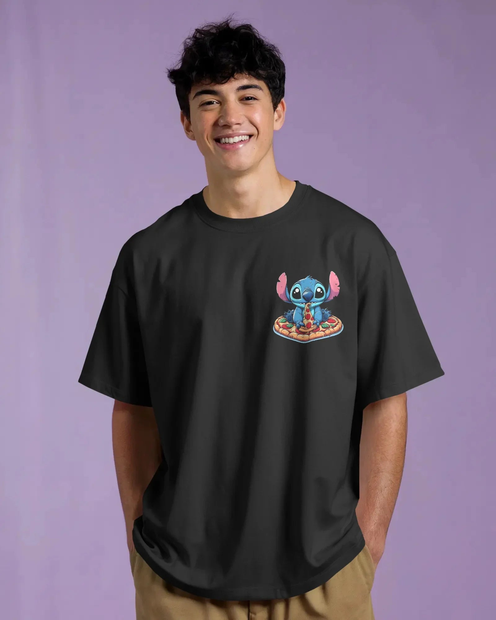 Black oversized t-shirt from Nitorious Atelier featuring a bold and edgy ‘Lio and Stiches’ graphic print. Made from premium cotton, offering a soft, breathable, and durable fit perfect for streetwear lovers.