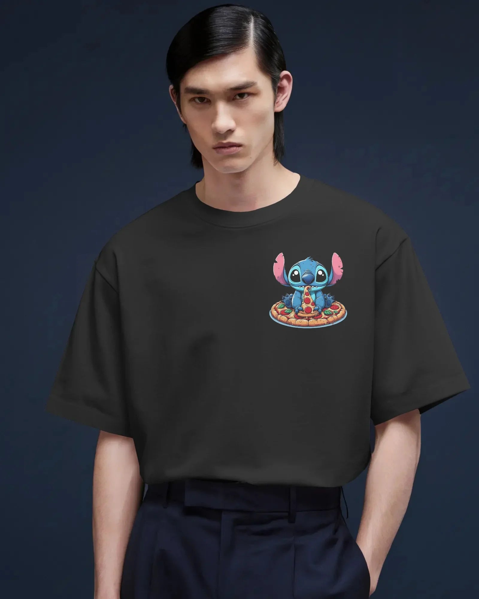 Black oversized t-shirt from Nitorious Atelier featuring a bold and edgy ‘Lio and Stiches’ graphic print. Made from premium cotton, offering a soft, breathable, and durable fit perfect for streetwear lovers.