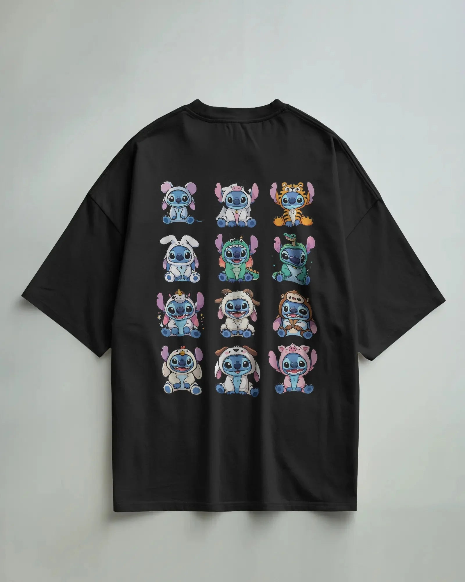 Black oversized t-shirt from Nitorious Atelier featuring a bold and edgy ‘Lio and Stiches’ graphic print. Made from premium cotton, offering a soft, breathable, and durable fit perfect for streetwear lovers.