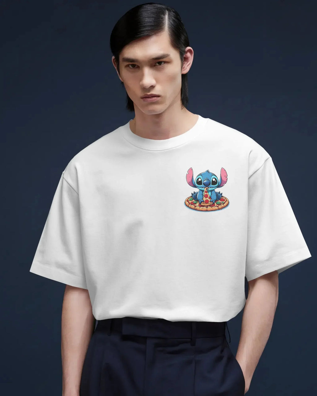 White oversized t-shirt from Nitorious Atelier featuring a striking ‘Lio and Stiches’ graphic print. Crafted from 220 GSM premium cotton for a soft, breathable, and durable streetwear look