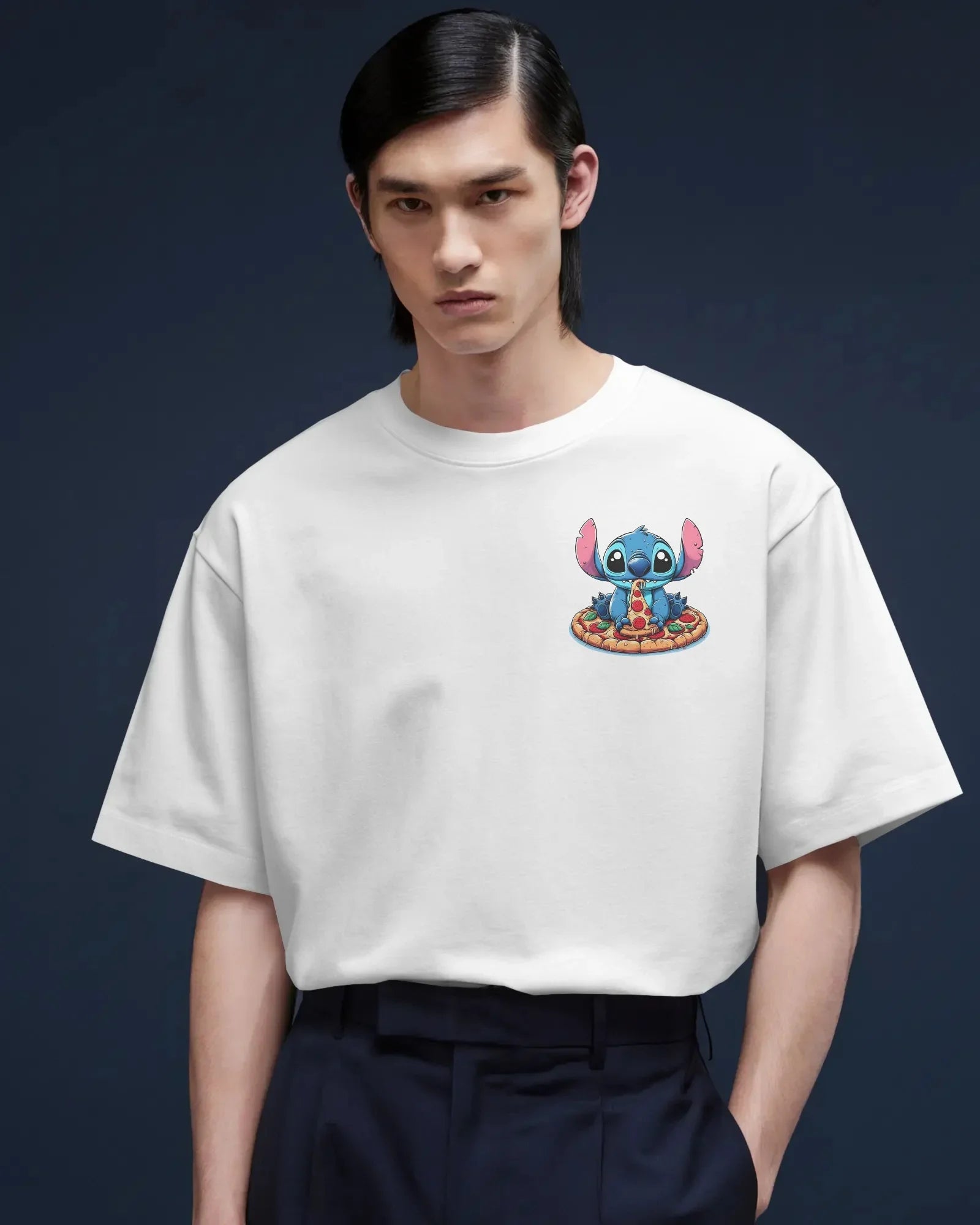 White oversized t-shirt from Nitorious Atelier featuring a striking ‘Lio and Stiches’ graphic print. Crafted from 220 GSM premium cotton for a soft, breathable, and durable streetwear look