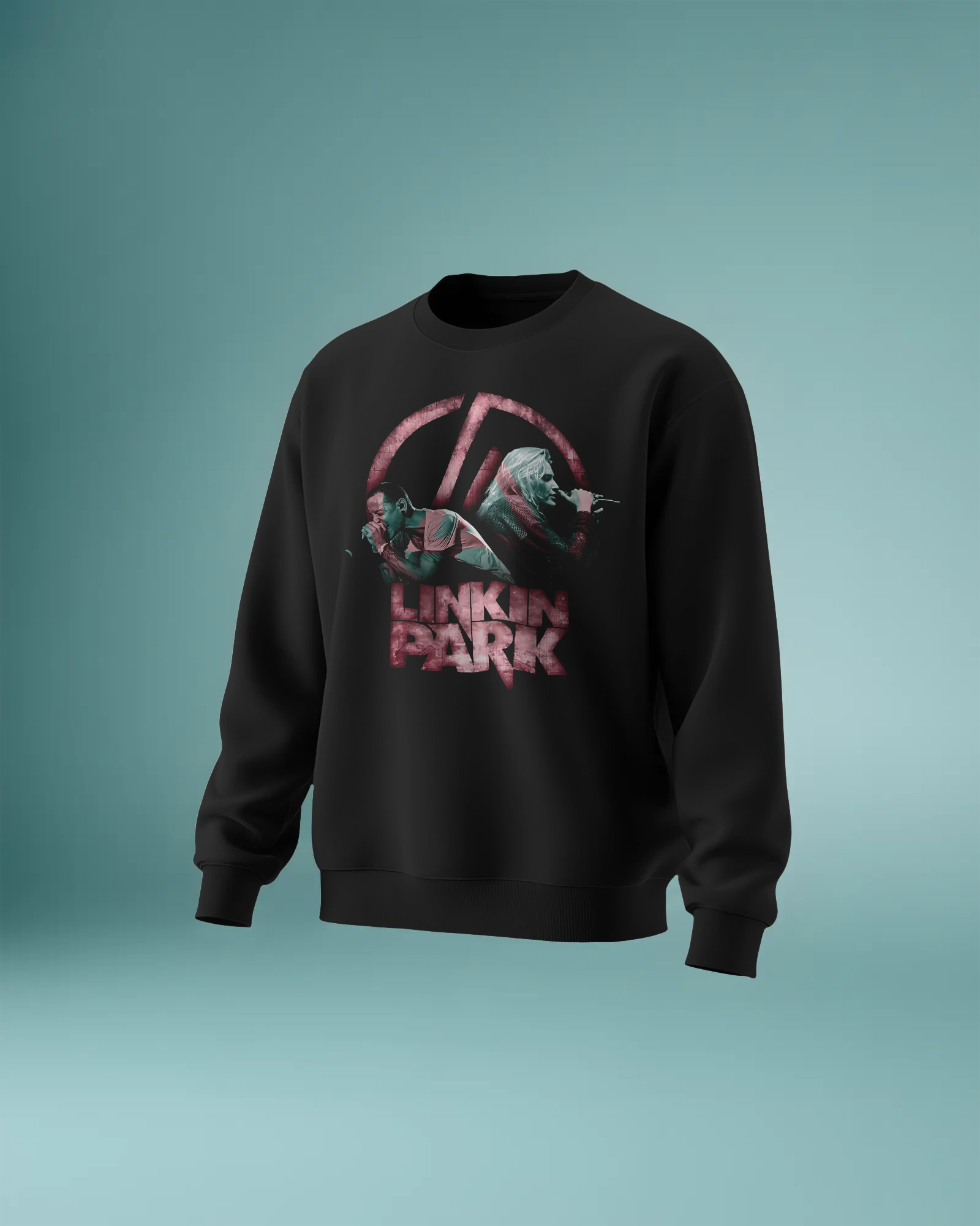 Model wearing Nitorious Atelier Linkin Park From Zero Black Luxe Sweatshirt with bold graphic print on front.