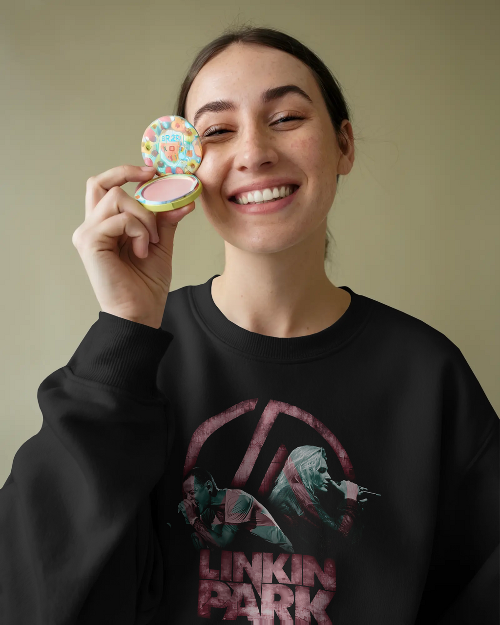 Model wearing Nitorious Atelier Linkin Park From Zero Black Luxe Sweatshirt with bold graphic print on front.