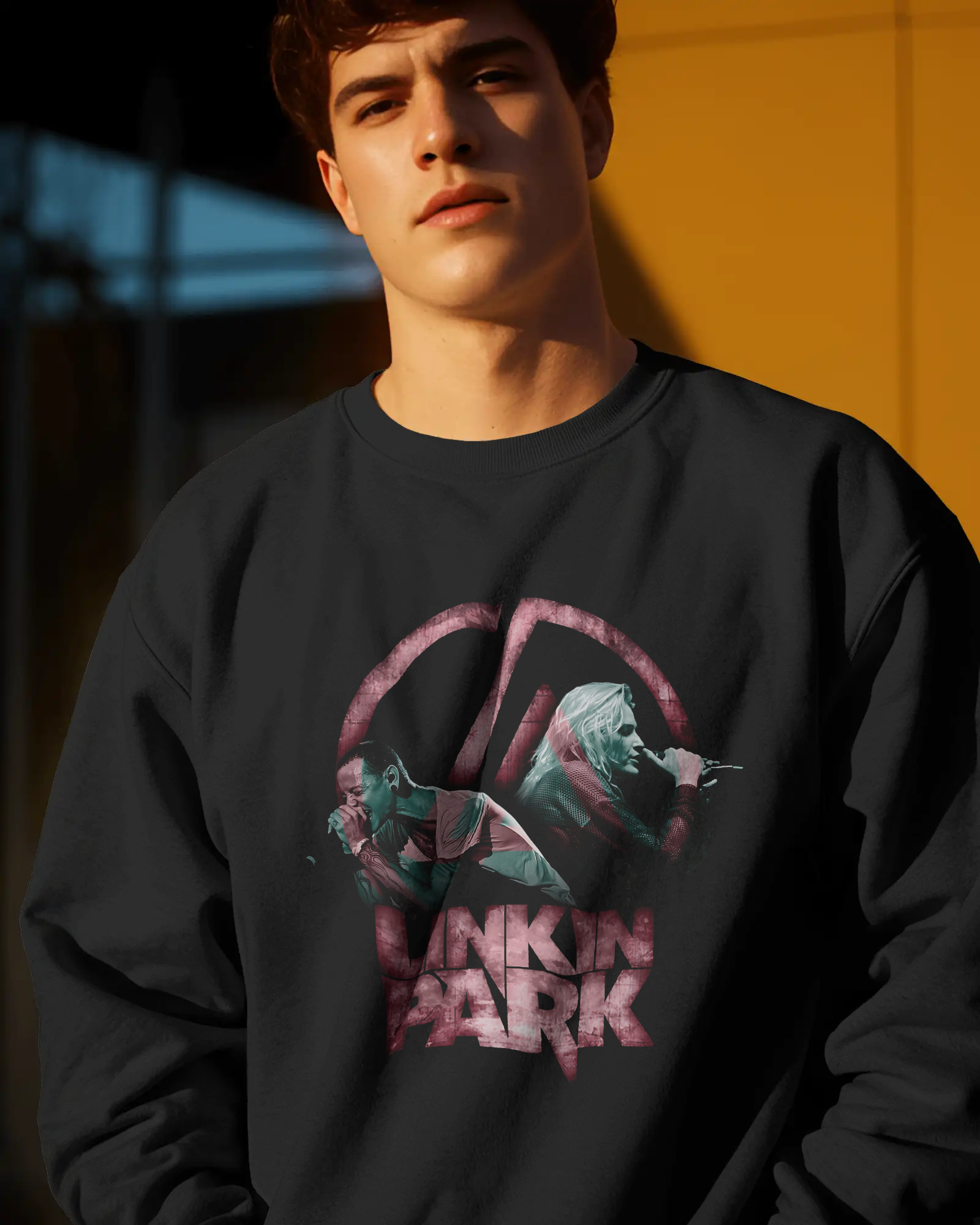 Model wearing Nitorious Atelier Linkin Park From Zero Black Luxe Sweatshirt with bold graphic print on front.
