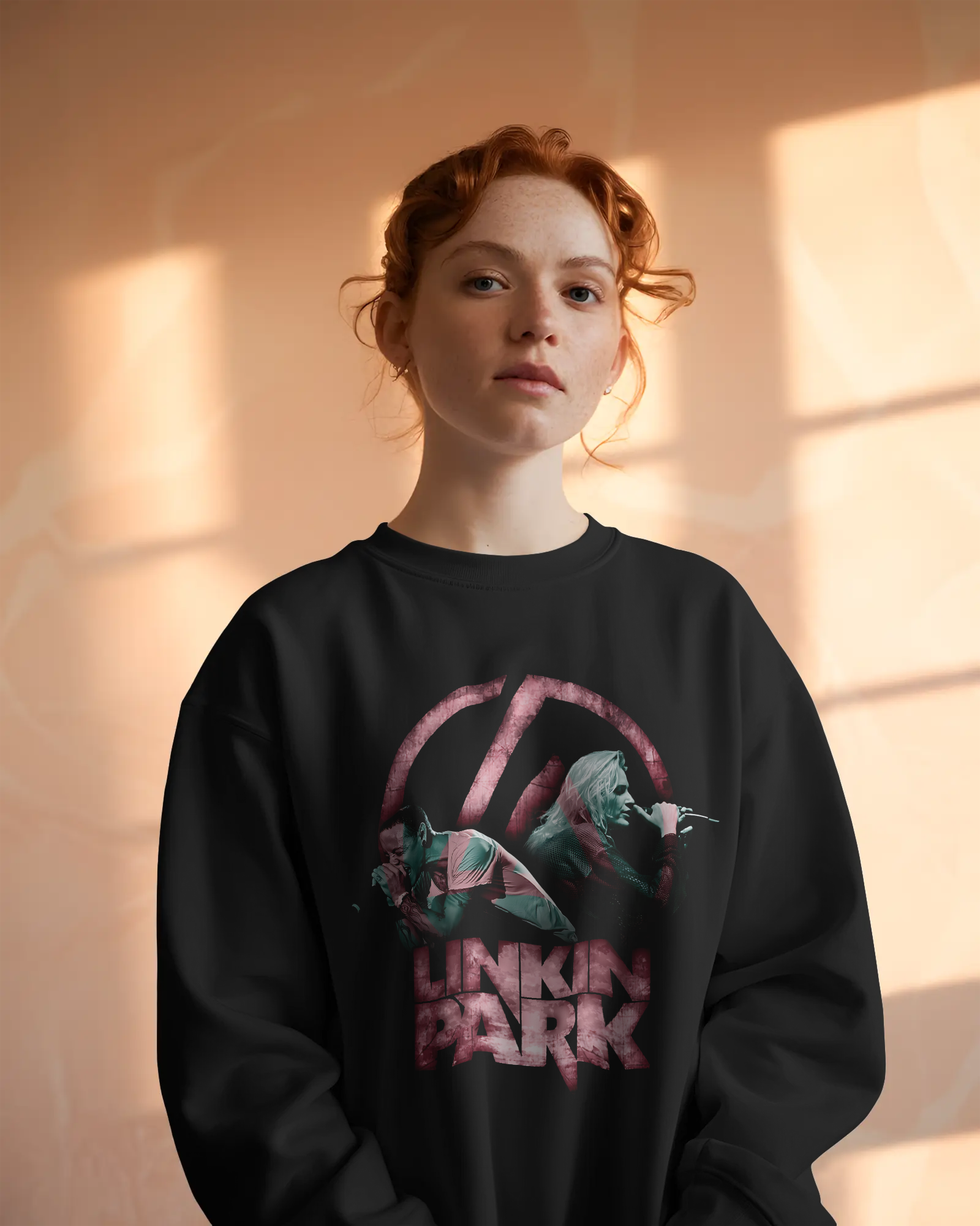 Model wearing Nitorious Atelier Linkin Park From Zero Black Luxe Sweatshirt with bold graphic print on front.
