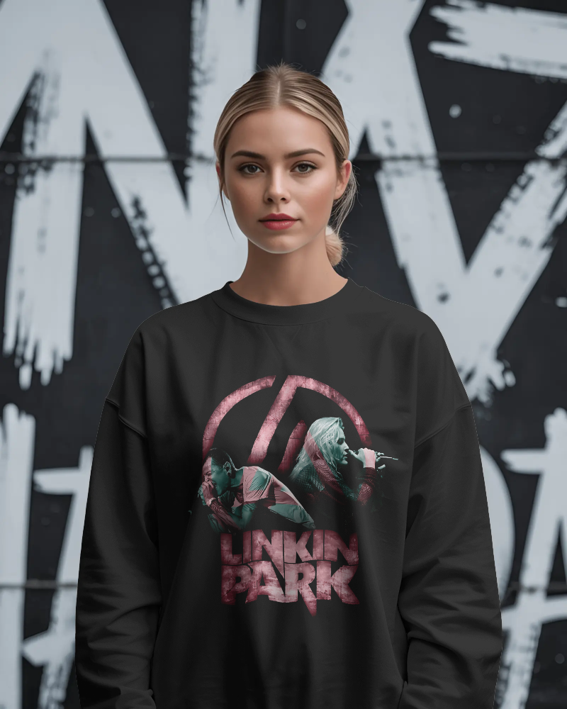 Model wearing Nitorious Atelier Linkin Park From Zero Black Luxe Sweatshirt with bold graphic print on front.