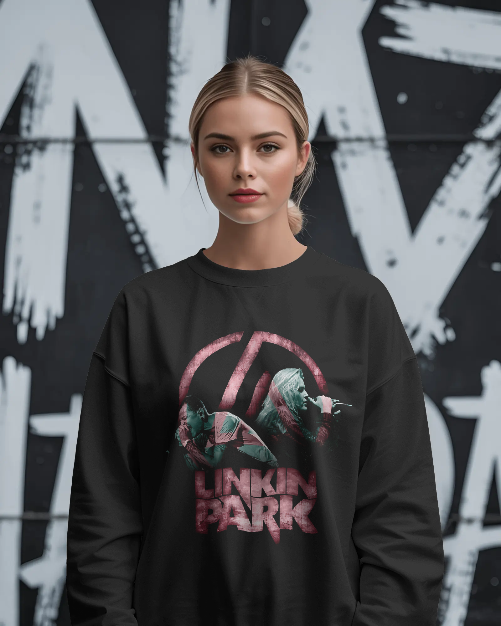 Model wearing Nitorious Atelier Linkin Park From Zero Black Luxe Sweatshirt with bold graphic print on front.