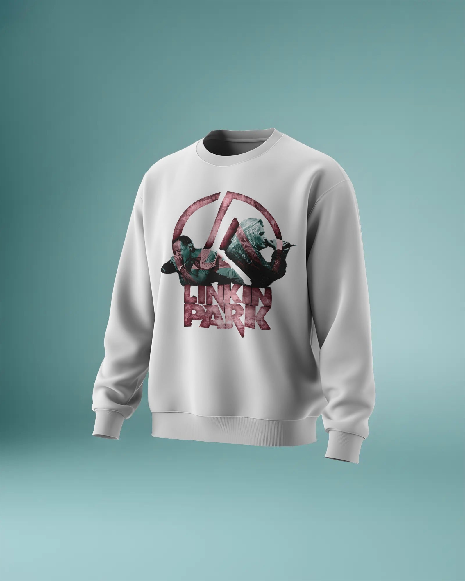 Model wearing Nitorious Atelier Linkin Park From Zero White Luxe Sweatshirt with bold graphic print on front.