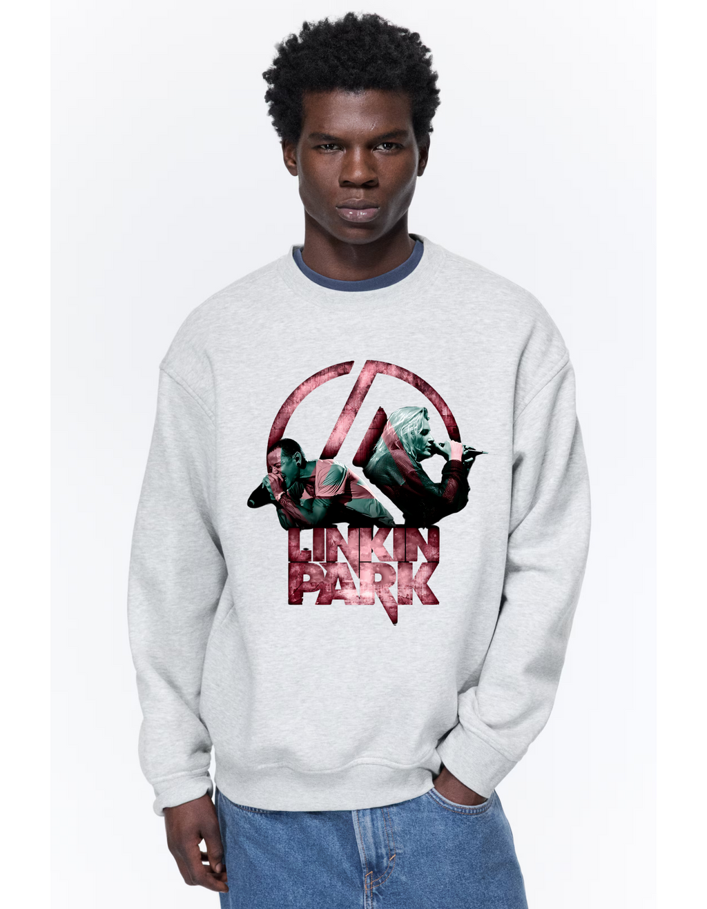 Linkin Park Duo Performance Grey Marl Sweatshirt with pink LP emblem and dual singer portraits.