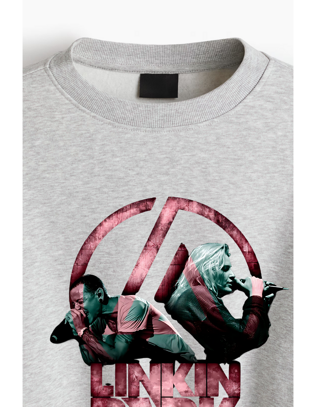 Linkin Park Duo Performance Grey Marl Sweatshirt with pink LP emblem and dual singer portraits.