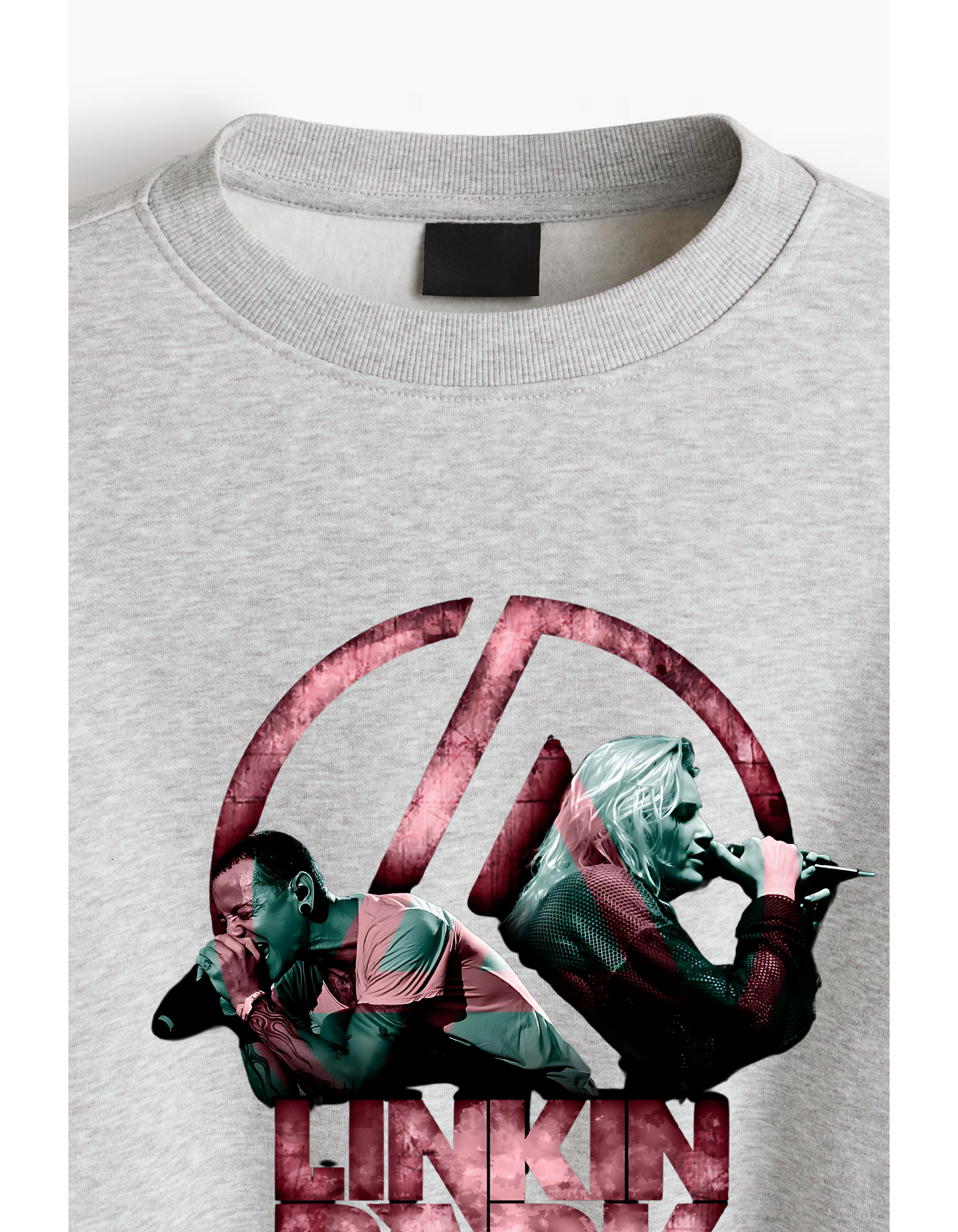 Linkin Park Duo Performance Grey Marl Sweatshirt with pink LP emblem and dual singer portraits.