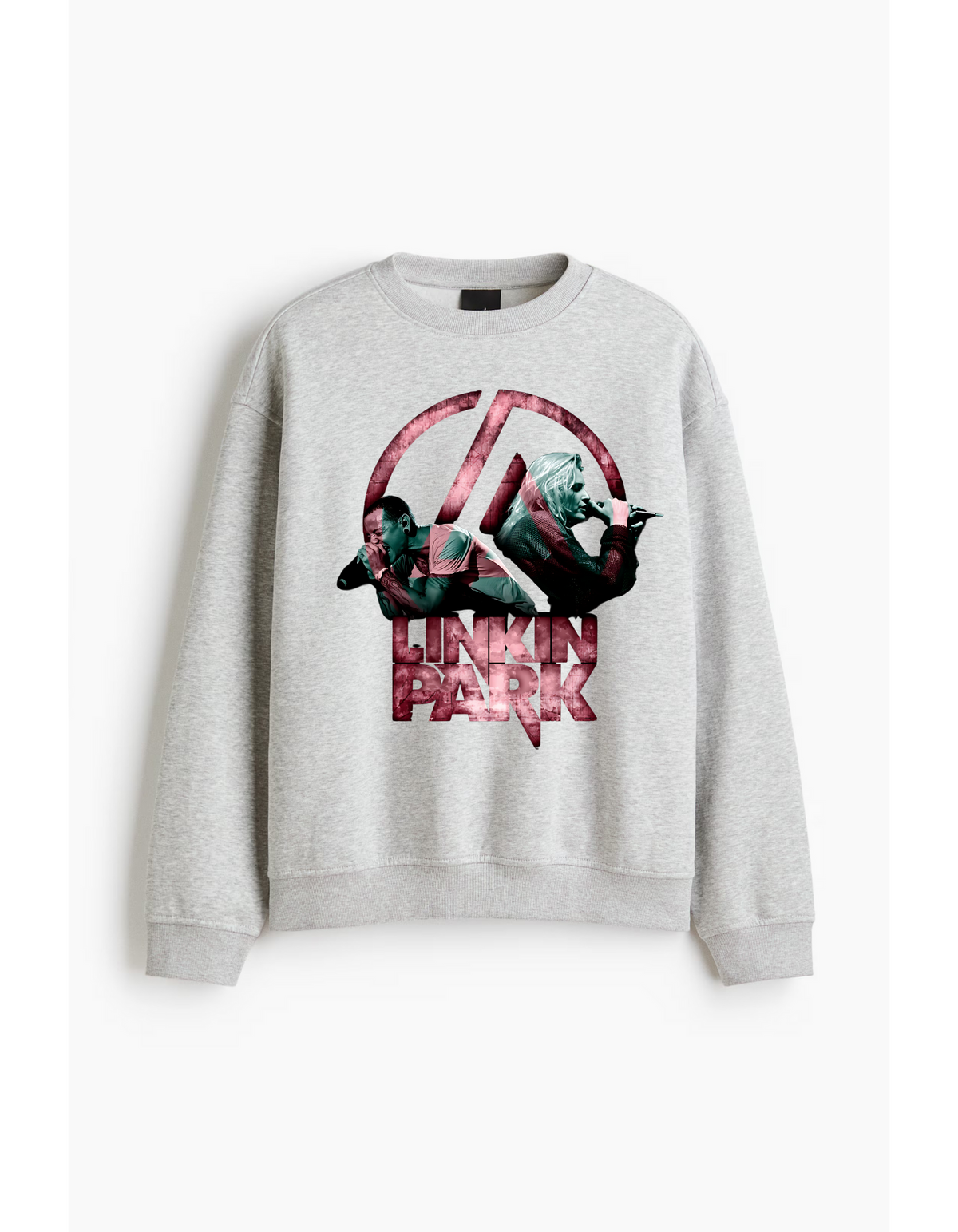 Linkin Park Duo Performance Grey Marl Sweatshirt with pink LP emblem and dual singer portraits.