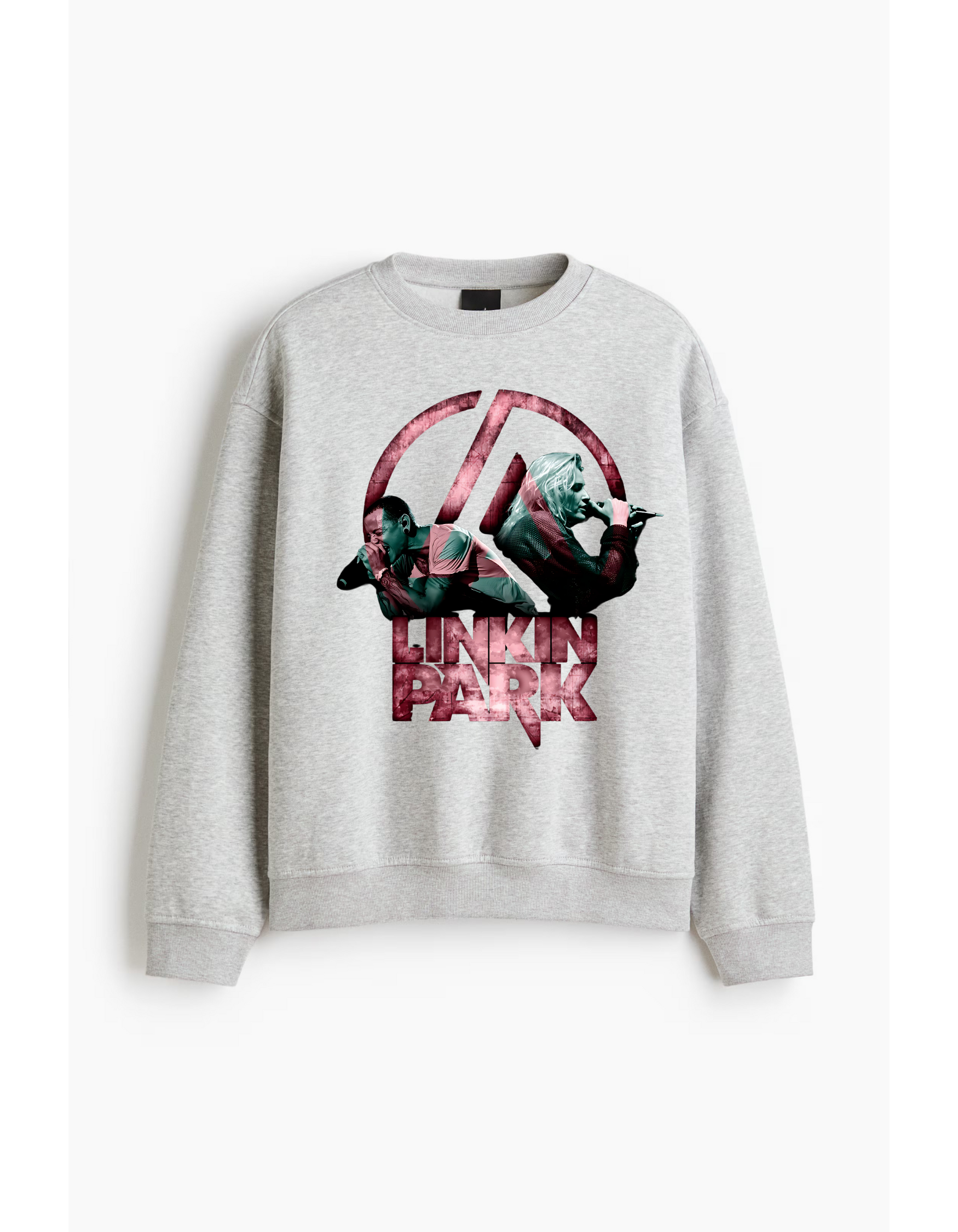 Linkin Park Duo Performance Grey Marl Sweatshirt with pink LP emblem and dual singer portraits.
