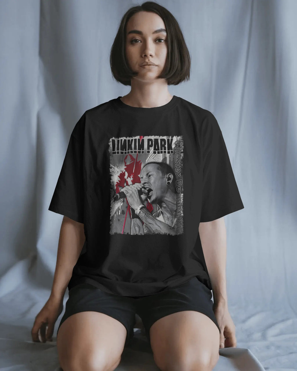 Linkin Park Chester Legacy Oversized Black T-Shirt from Nitorious Atelier with monochrome portrait and red graphic accents worn by  model