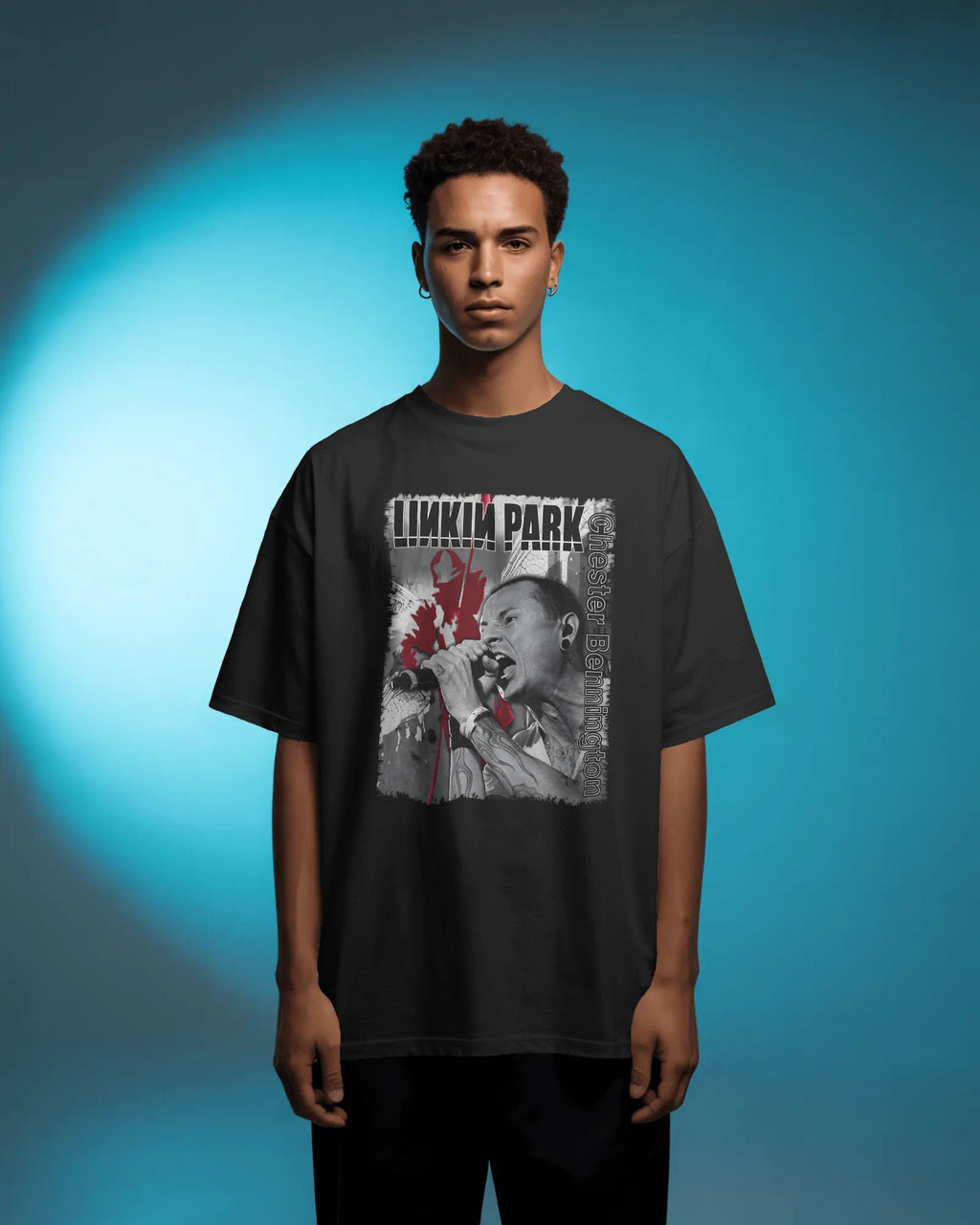 Linkin Park Chester Legacy Oversized Black T-Shirt from Nitorious Atelier with monochrome portrait and red graphic accents worn by  model