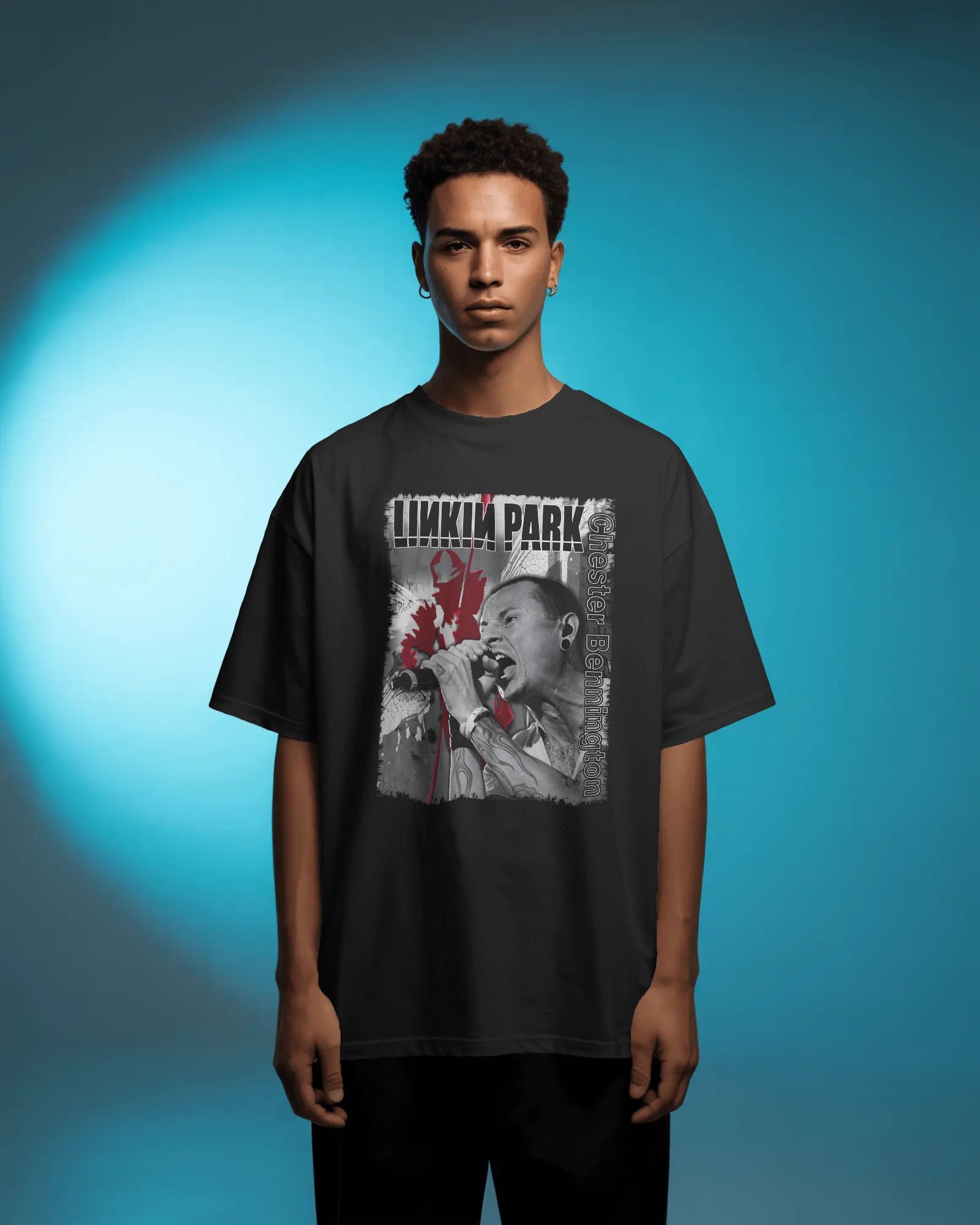 Linkin Park Chester Legacy Oversized Black T-Shirt from Nitorious Atelier with monochrome portrait and red graphic accents worn by  model