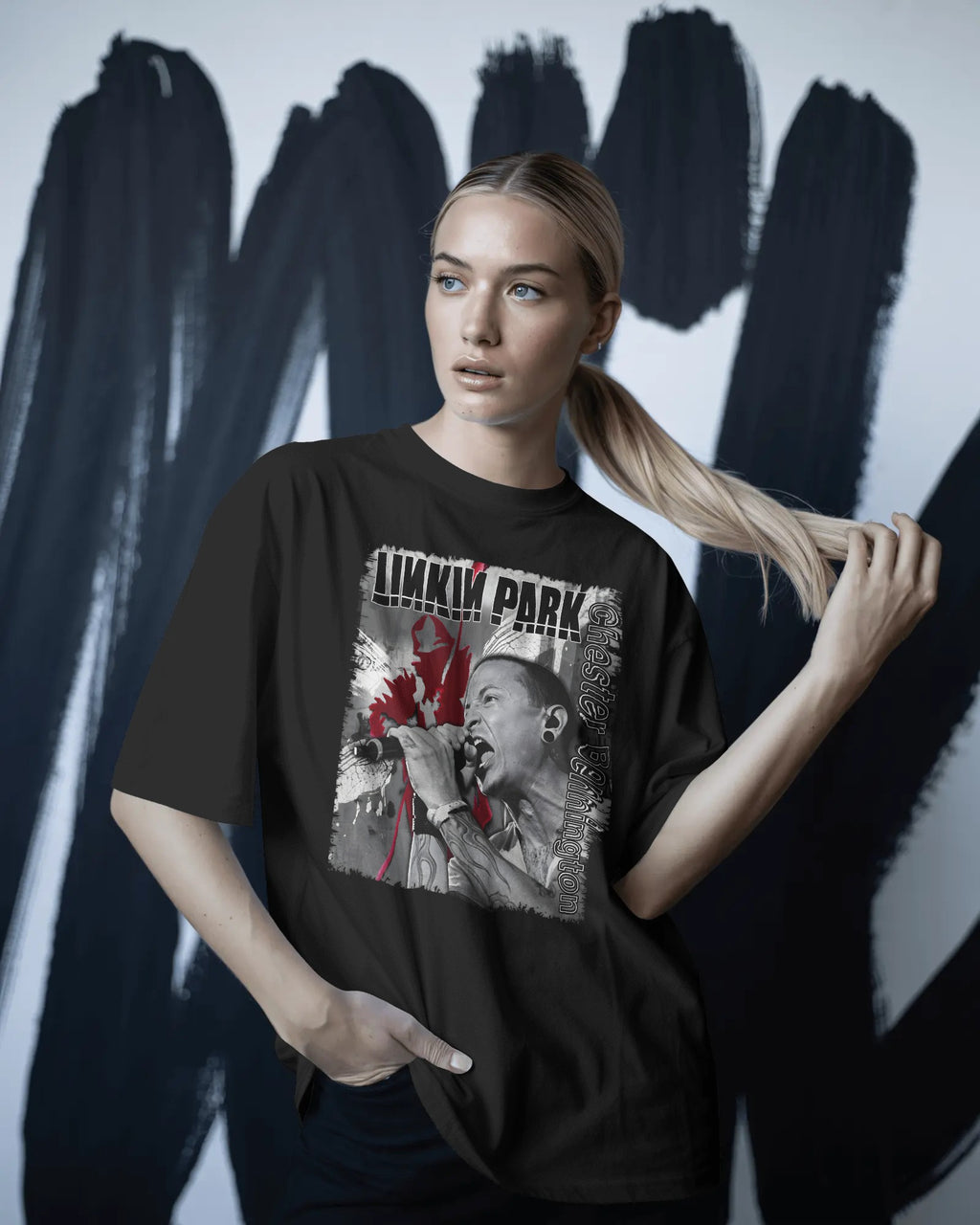 Linkin Park Chester Legacy Oversized Black T-Shirt from Nitorious Atelier with monochrome portrait and red graphic accents worn by  model