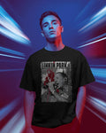 Linkin Park Chester Legacy Oversized Black T-Shirt from Nitorious Atelier with monochrome portrait and red graphic accents worn by  model