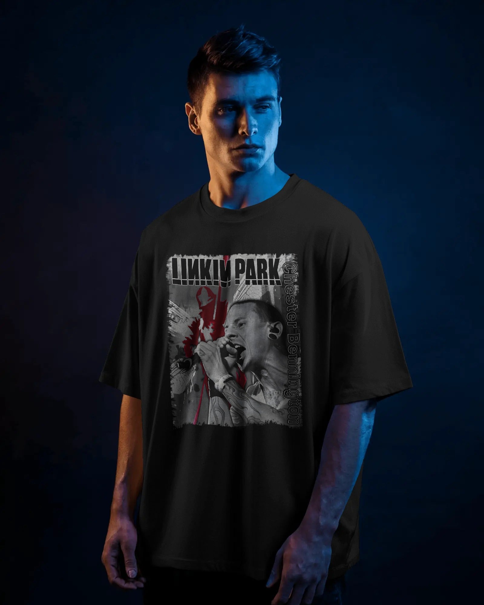 Linkin Park Chester Legacy Oversized Black T-Shirt from Nitorious Atelier with monochrome portrait and red graphic accents worn by  model