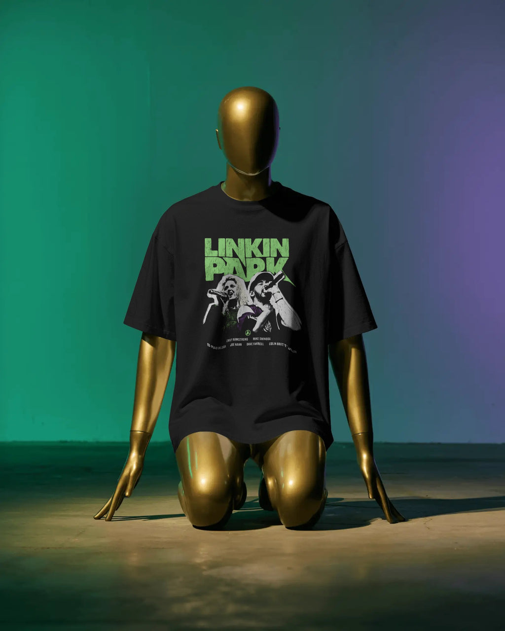 Linkin Park Neon Duo Oversized Black T-Shirt with neon green logo and duo portrait graphic worn by male model.