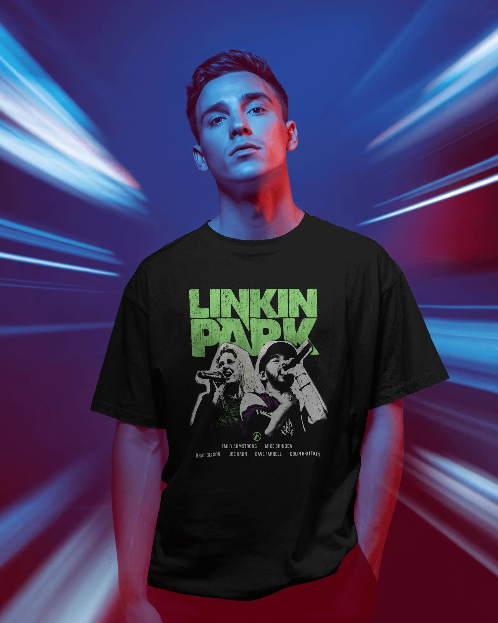 Linkin Park Neon Duo Oversized Black T-Shirt with neon green logo and duo portrait graphic worn by male model.