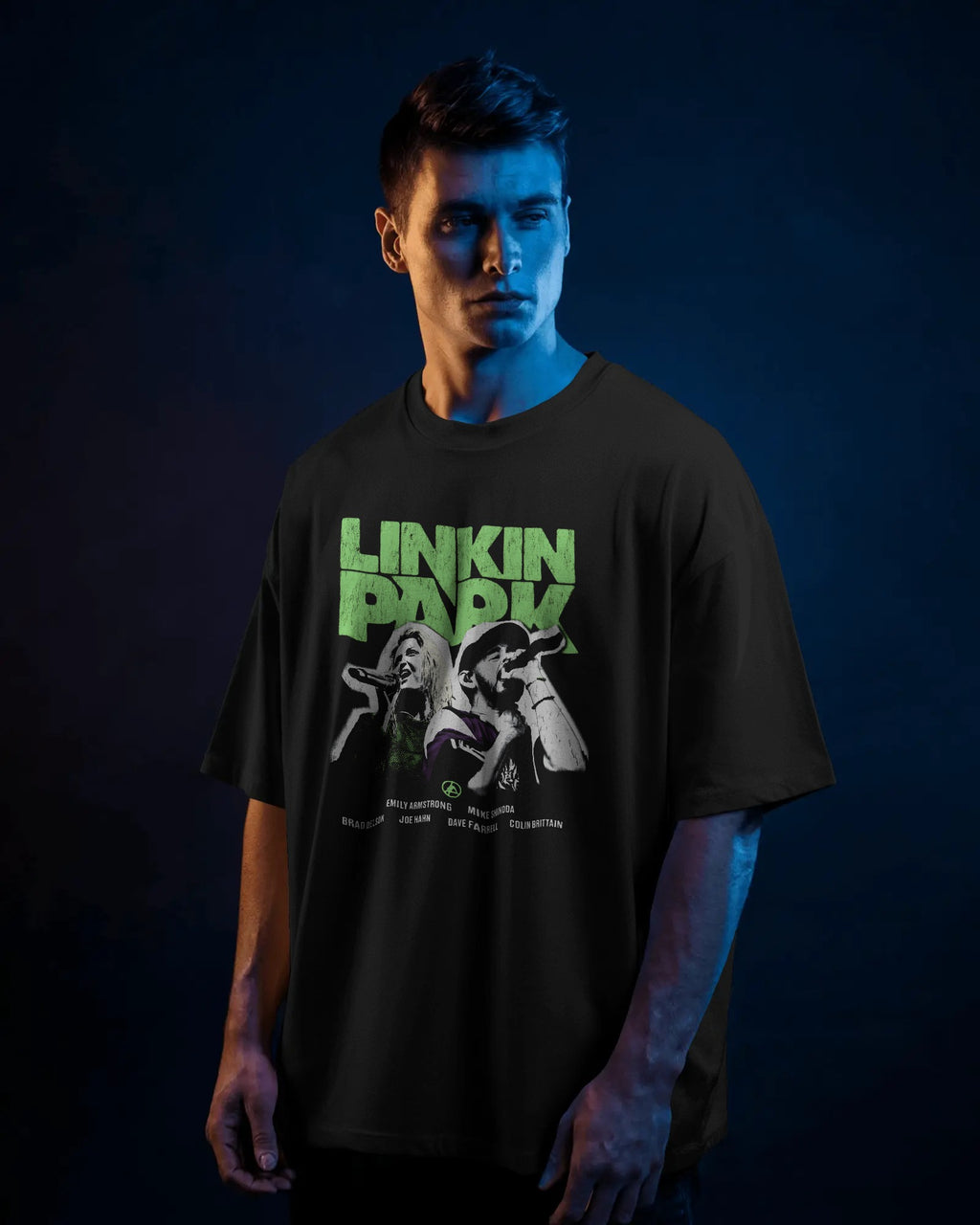 Linkin Park Neon Duo Oversized Black T-Shirt with neon green logo and duo portrait graphic worn by male model.