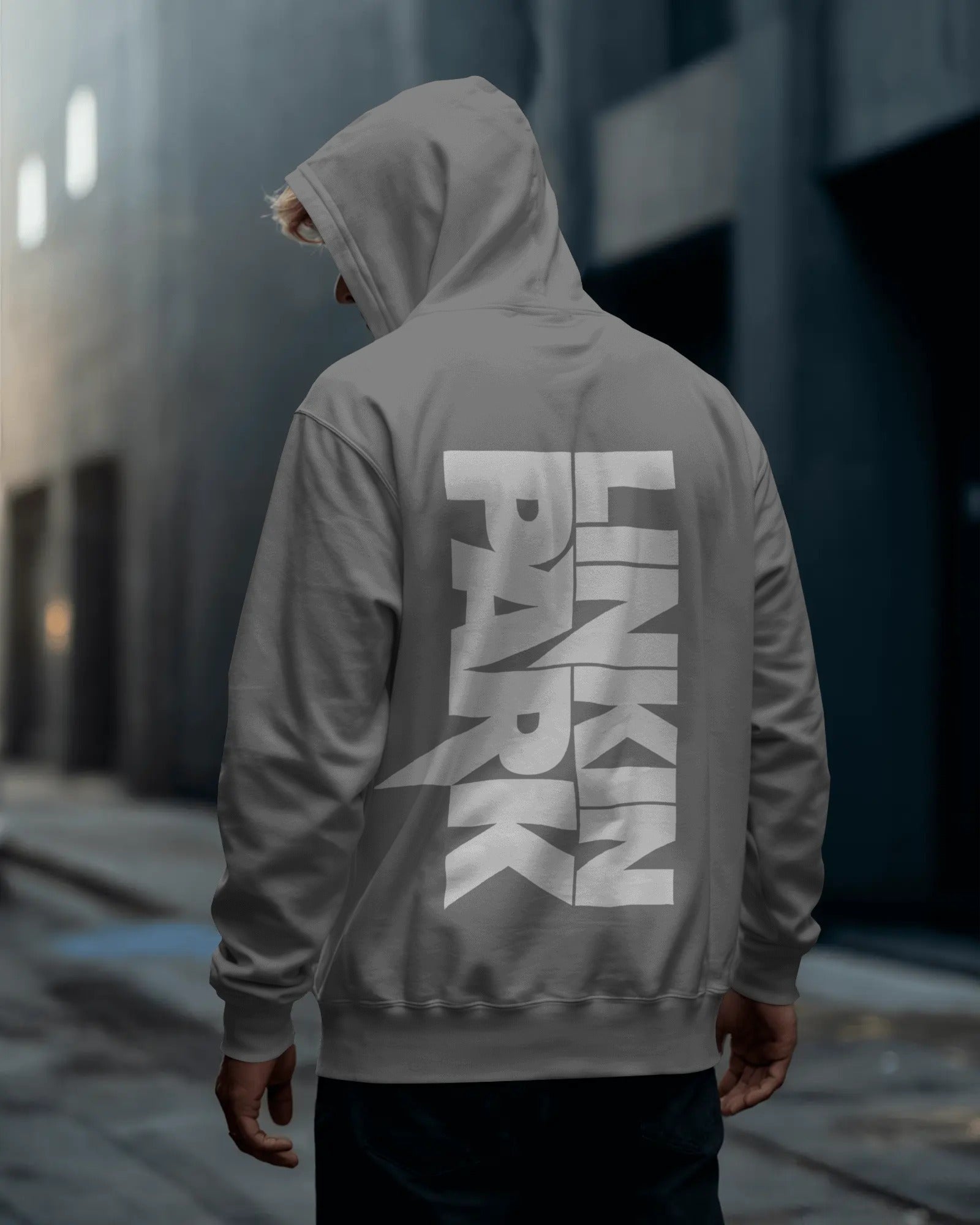 Model wearing Linkin Park Crest Grey Luxe Hoodie unisex fit