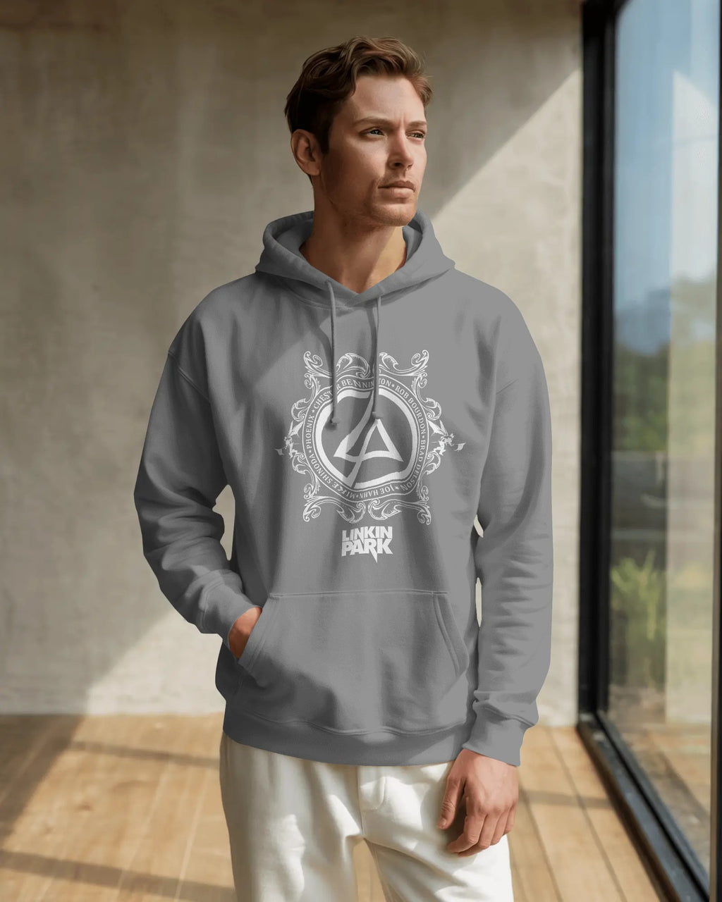 Close-up of Linkin Park crest print on grey hoodie