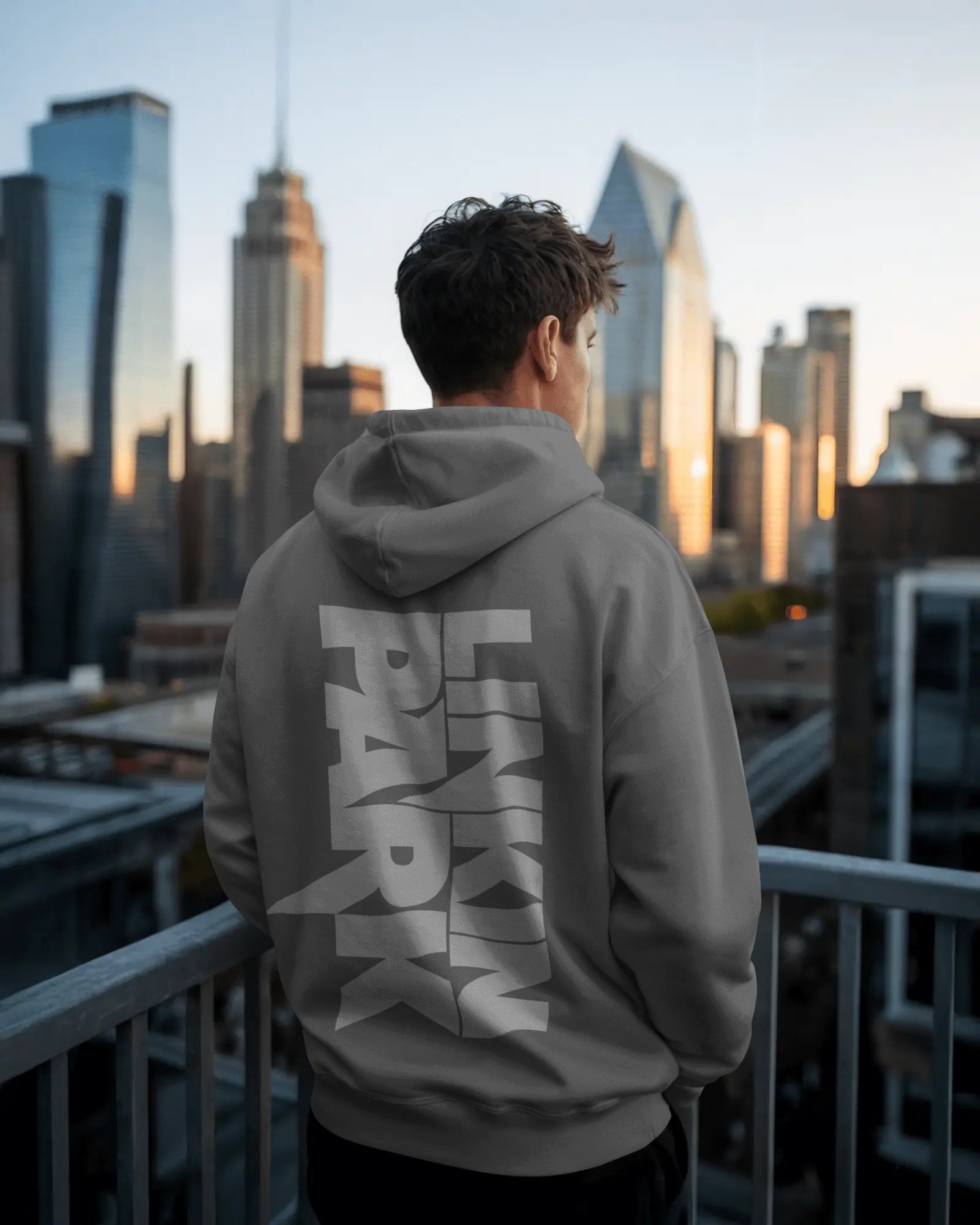 Person wearing a hoodie with 'Linkin PARK' on the back, standing on a rooftop with city skyline in the background.