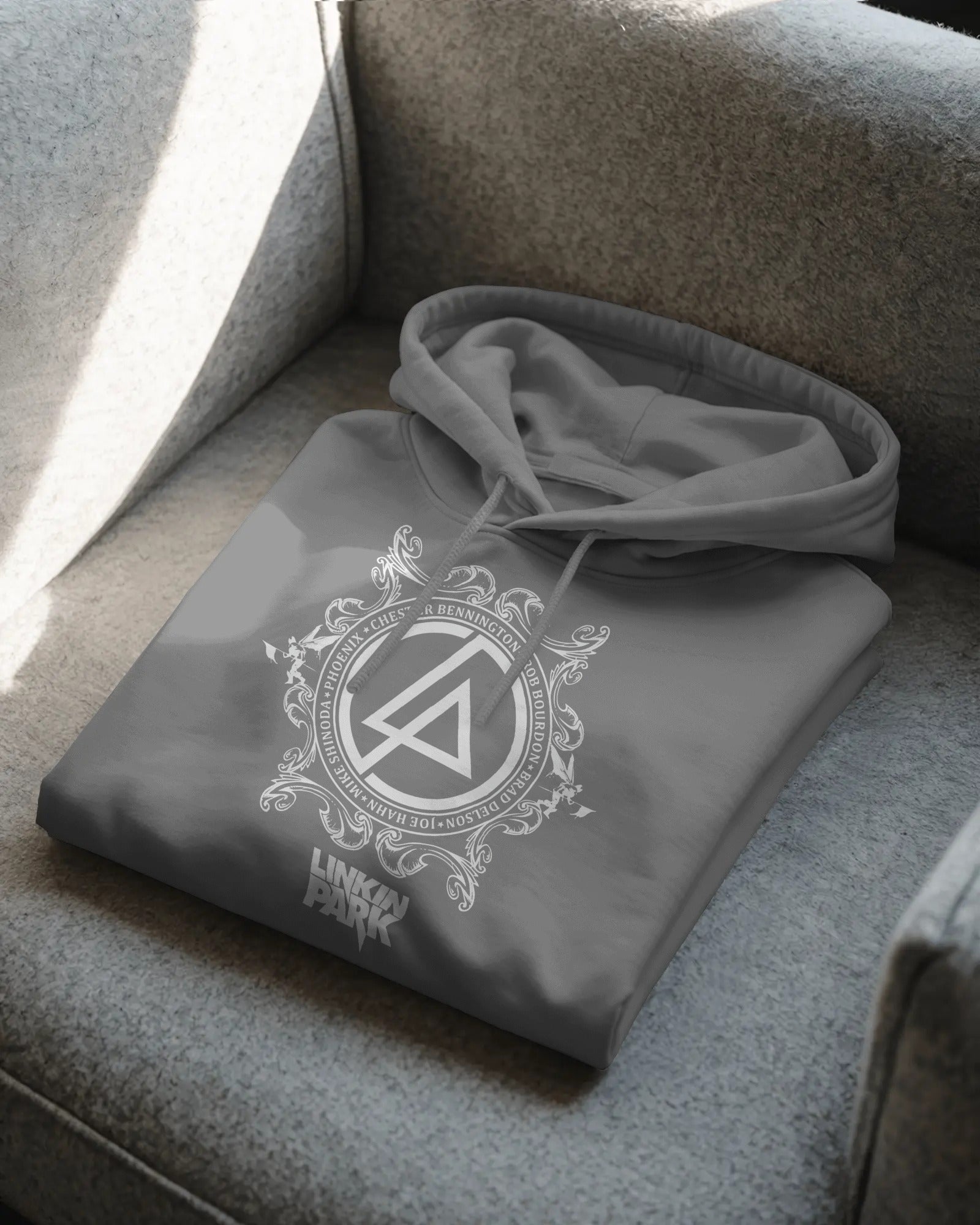 Close-up of Linkin Park crest print on grey hoodie