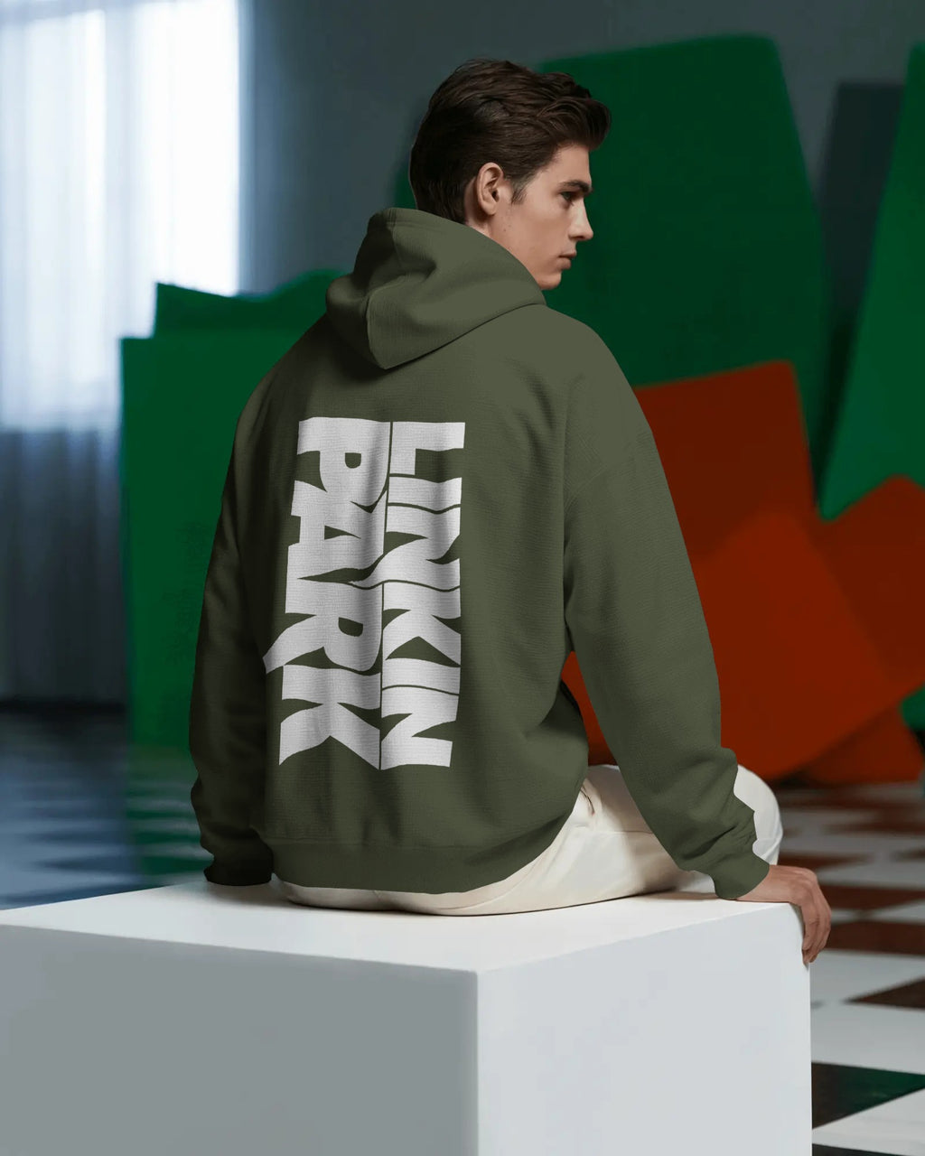 Premium Linkin Park band hoodie in olive by Nitorious Atelier