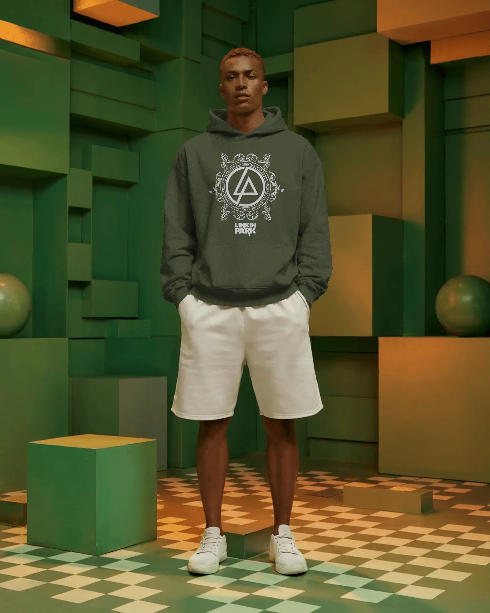 Front view of Linkin Park Crest Olive Luxe Hoodie unisex fit