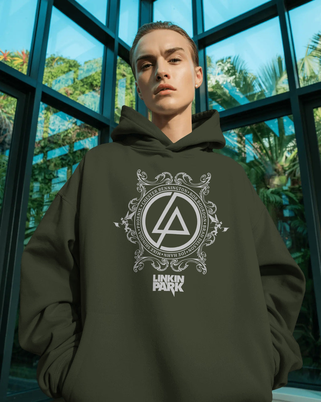 Linkin Park Crest Olive Luxe Hoodie with iconic crest design