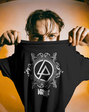 Linkin Park Crest Emblem Oversized Black T-Shirt with monochrome ornamental design worn by model with sunglasses