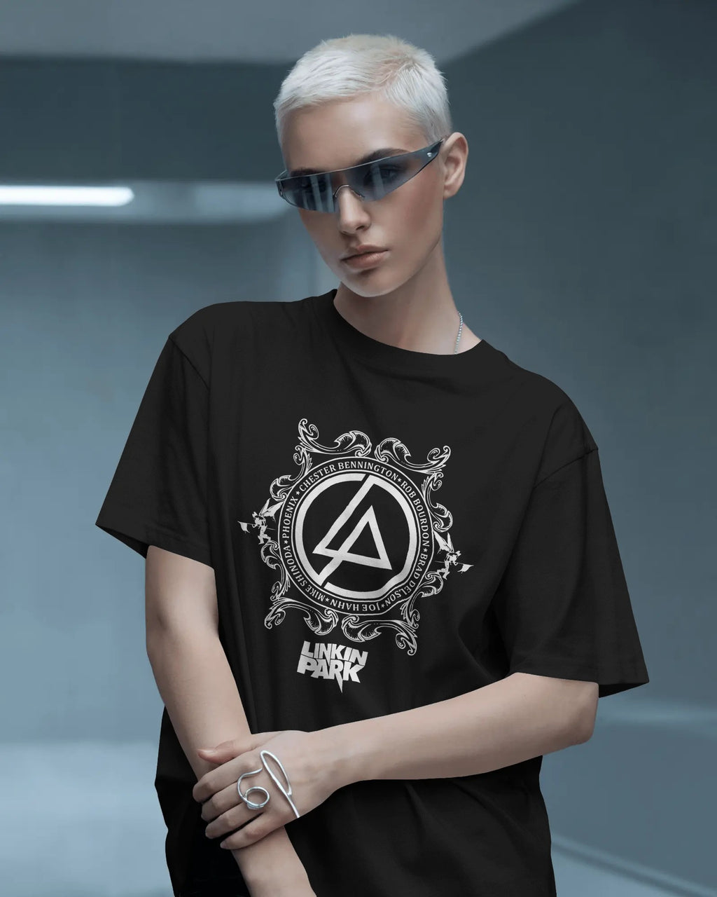 Linkin Park Crest Emblem Oversized Black T-Shirt with monochrome ornamental design worn by model with sunglasses